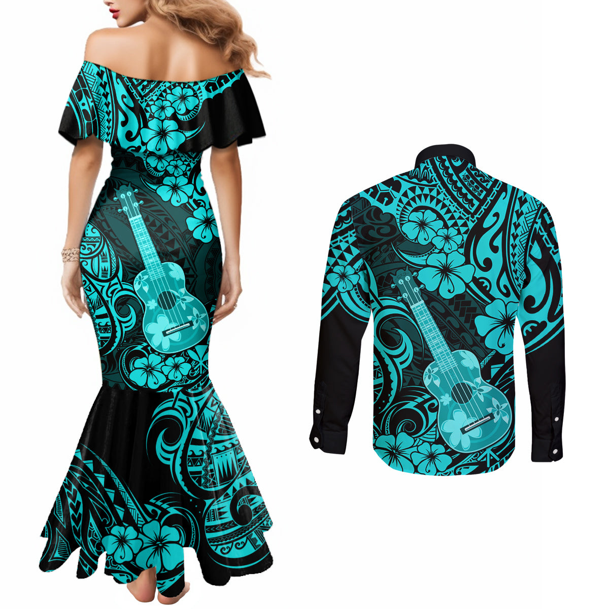 Hawaii Ukulele Couples Matching Mermaid Dress and Long Sleeve Button Shirts Polynesian Pattern Turquoise Version LT01 - Polynesian Pride