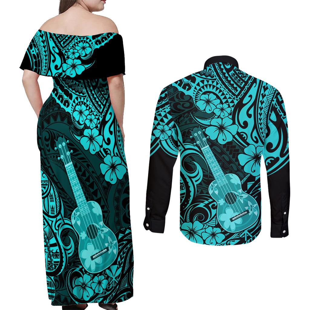 Hawaii Ukulele Couples Matching Off Shoulder Maxi Dress and Long Sleeve Button Shirts Polynesian Pattern Turquoise Version LT01 - Polynesian Pride