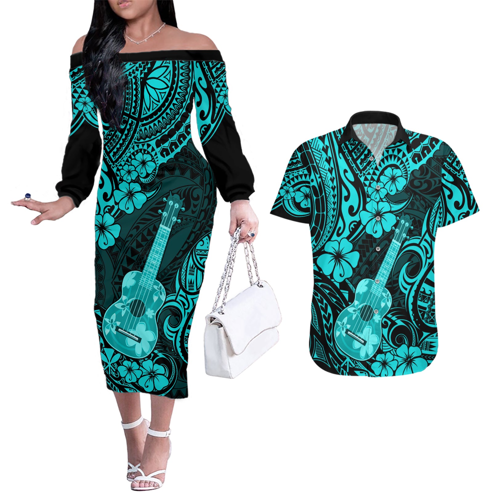 Hawaii Ukulele Couples Matching Off The Shoulder Long Sleeve Dress and Hawaiian Shirt Polynesian Pattern Turquoise Version LT01 Turquoise - Polynesian Pride