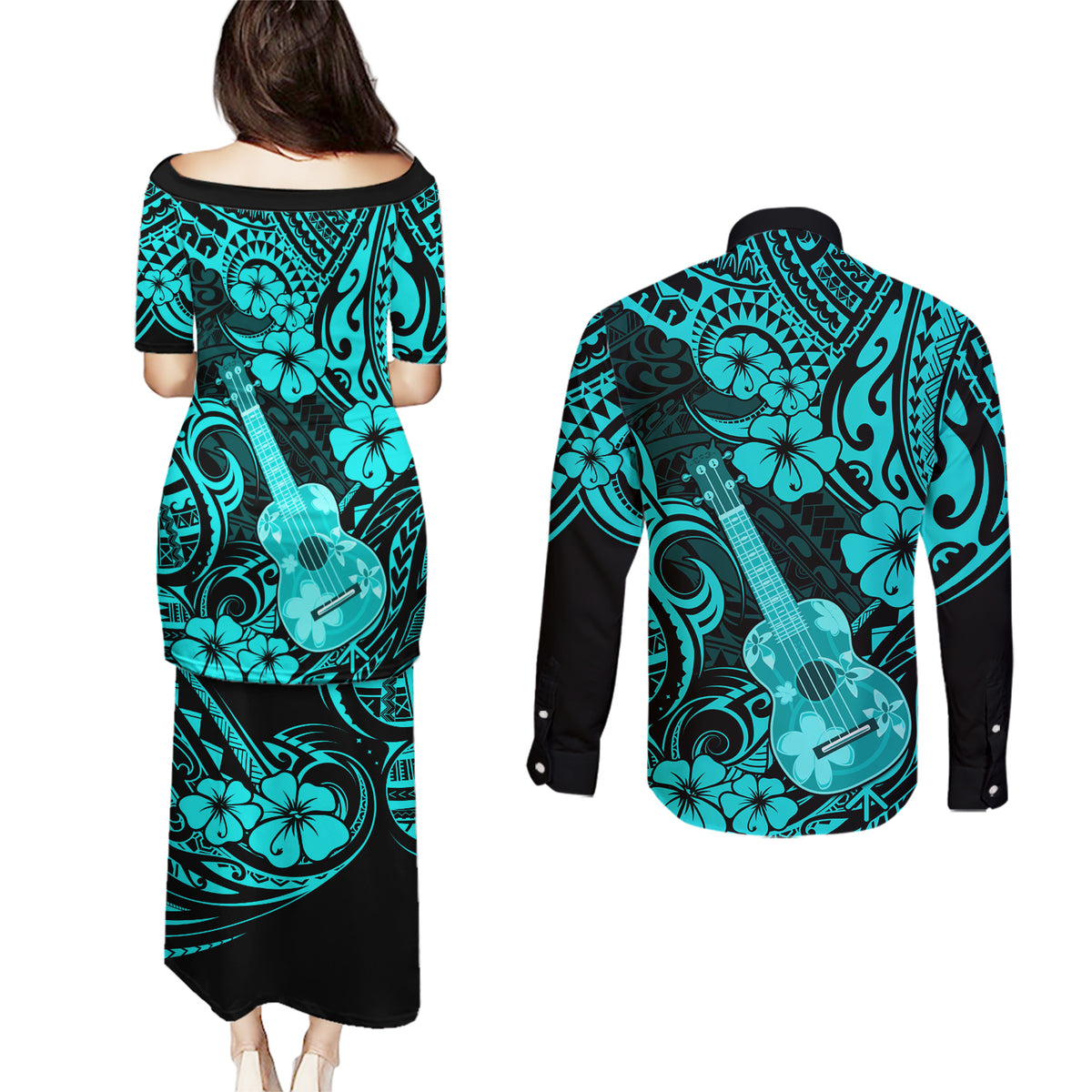 Hawaii Ukulele Couples Matching Puletasi Dress and Long Sleeve Button Shirts Polynesian Pattern Turquoise Version LT01 - Polynesian Pride