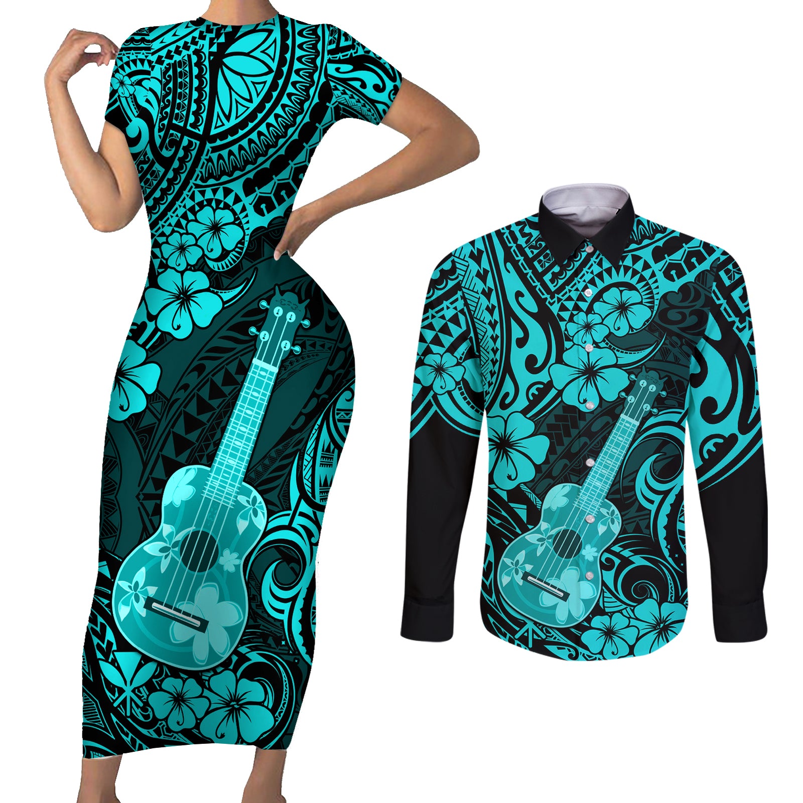 Hawaii Ukulele Couples Matching Short Sleeve Bodycon Dress and Long Sleeve Button Shirts Polynesian Pattern Turquoise Version LT01 Turquoise - Polynesian Pride