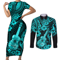 Hawaii Ukulele Couples Matching Short Sleeve Bodycon Dress and Long Sleeve Button Shirts Polynesian Pattern Turquoise Version LT01 Turquoise - Polynesian Pride