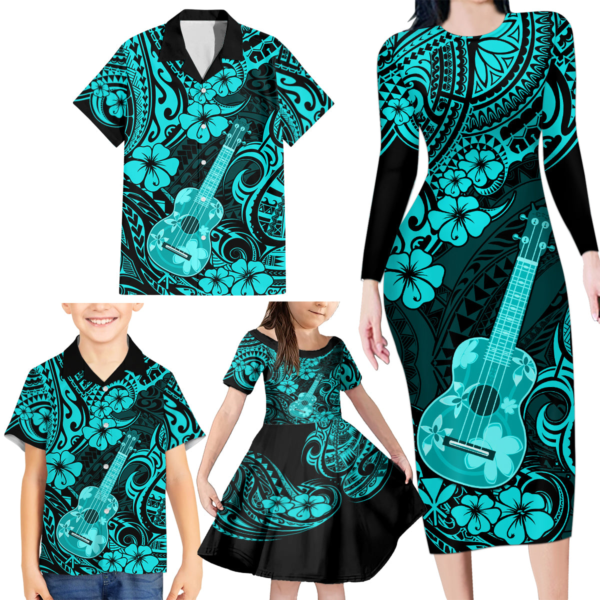 Hawaii Ukulele Family Matching Long Sleeve Bodycon Dress and Hawaiian Shirt Polynesian Pattern Turquoise Version LT01 - Polynesian Pride