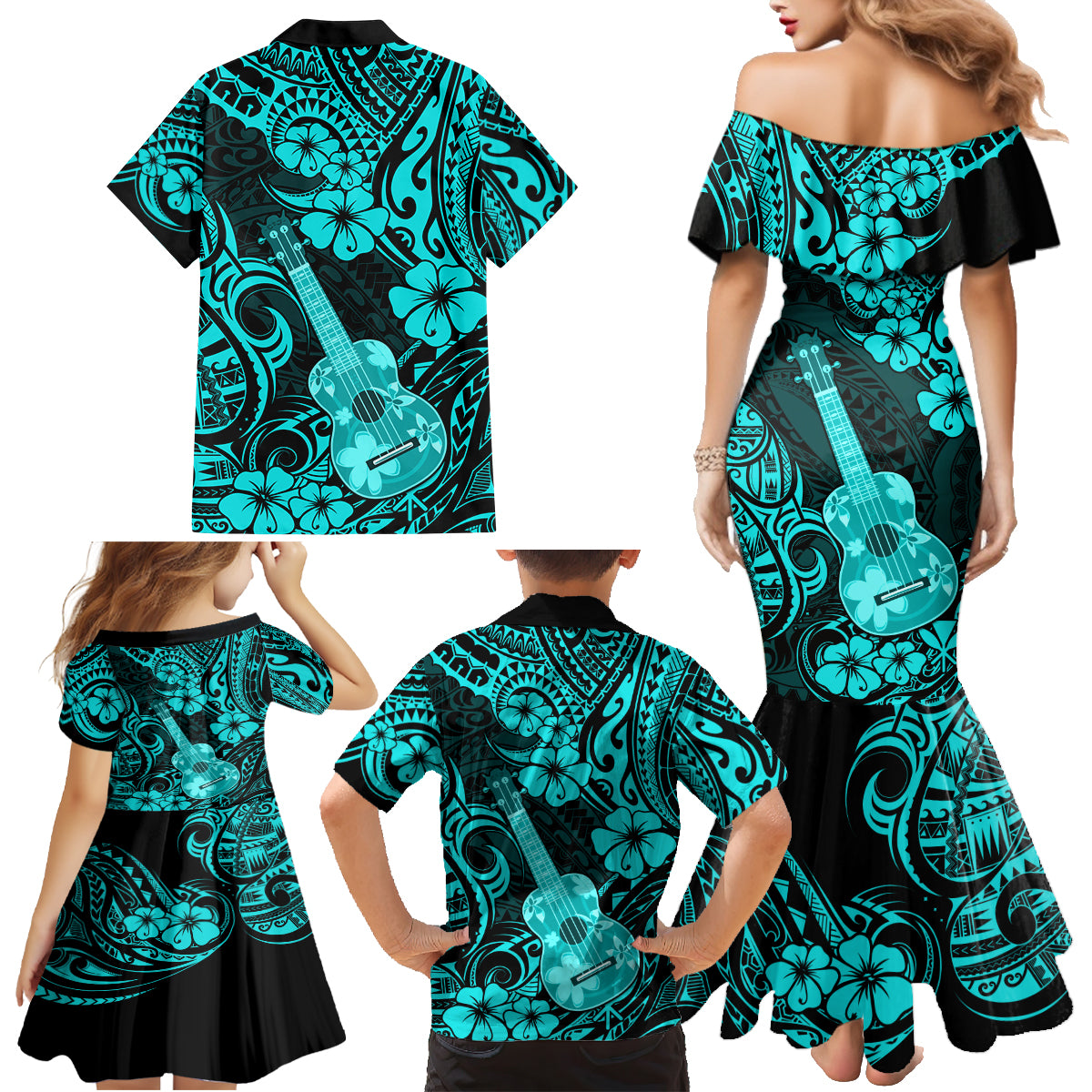 Hawaii Ukulele Family Matching Mermaid Dress and Hawaiian Shirt Polynesian Pattern Turquoise Version LT01 - Polynesian Pride