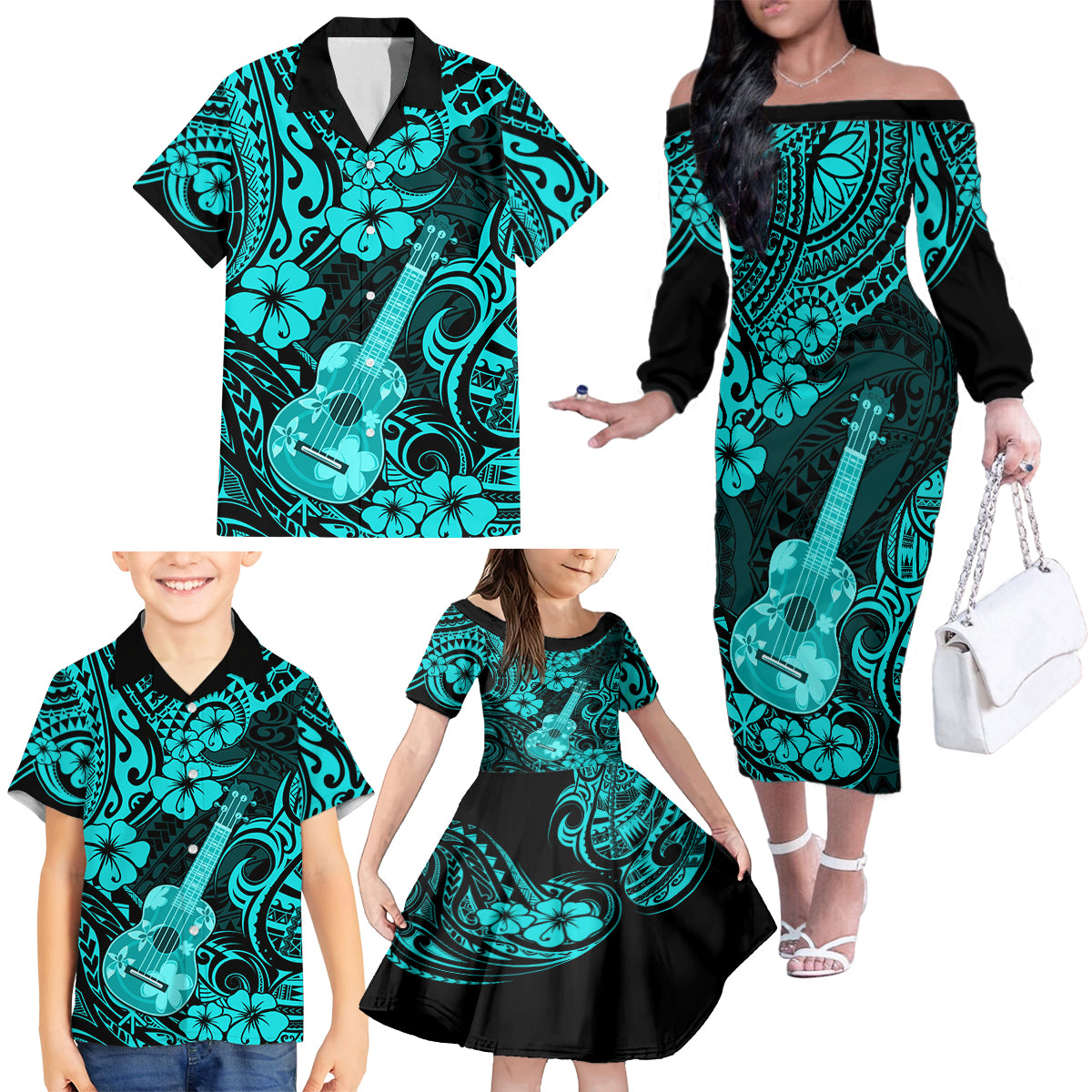 Hawaii Ukulele Family Matching Off Shoulder Long Sleeve Dress and Hawaiian Shirt Polynesian Pattern Turquoise Version LT01 - Polynesian Pride