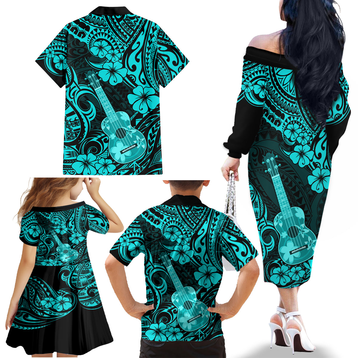 Hawaii Ukulele Family Matching Off Shoulder Long Sleeve Dress and Hawaiian Shirt Polynesian Pattern Turquoise Version LT01 - Polynesian Pride
