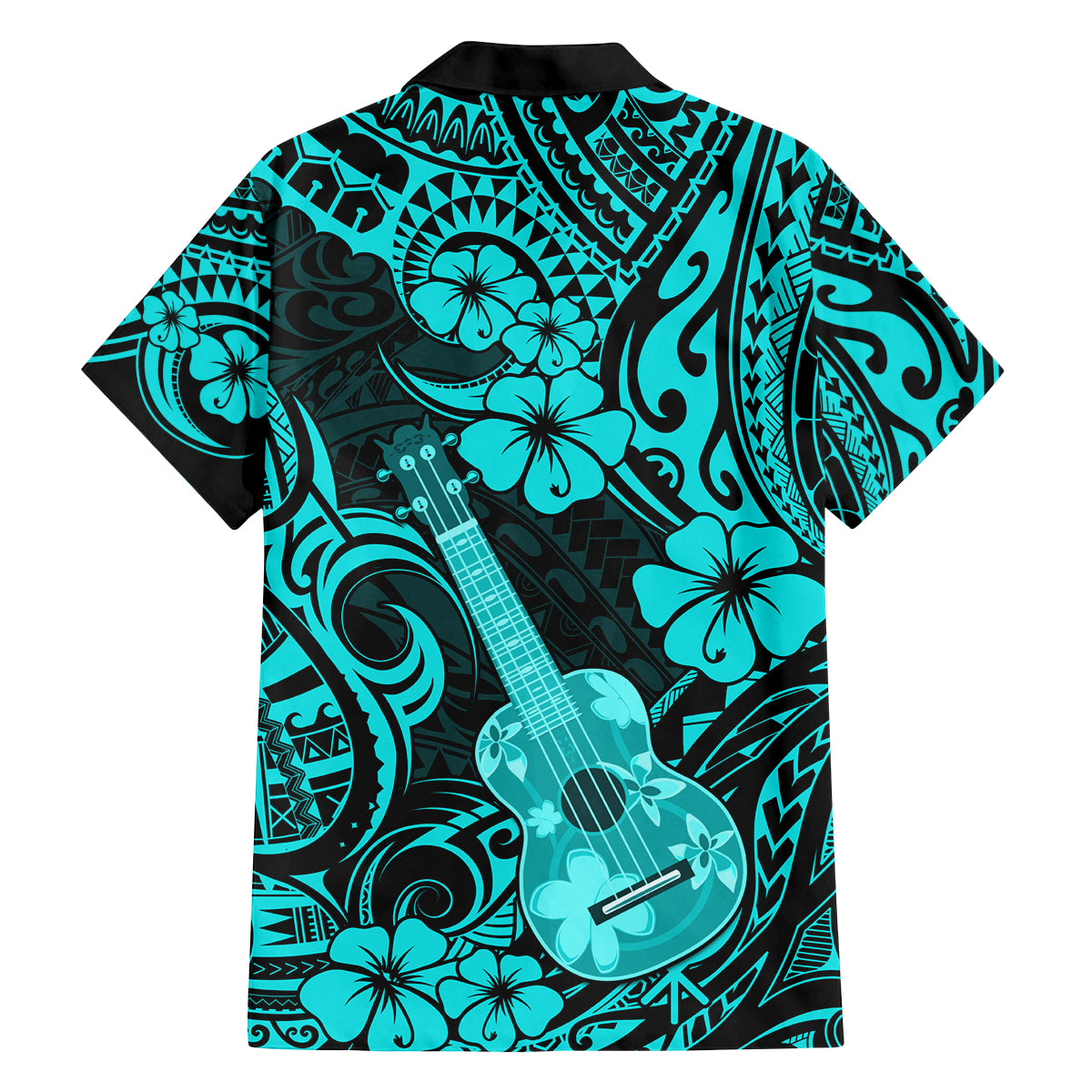 Hawaii Ukulele Family Matching Off Shoulder Long Sleeve Dress and Hawaiian Shirt Polynesian Pattern Turquoise Version LT01 - Polynesian Pride