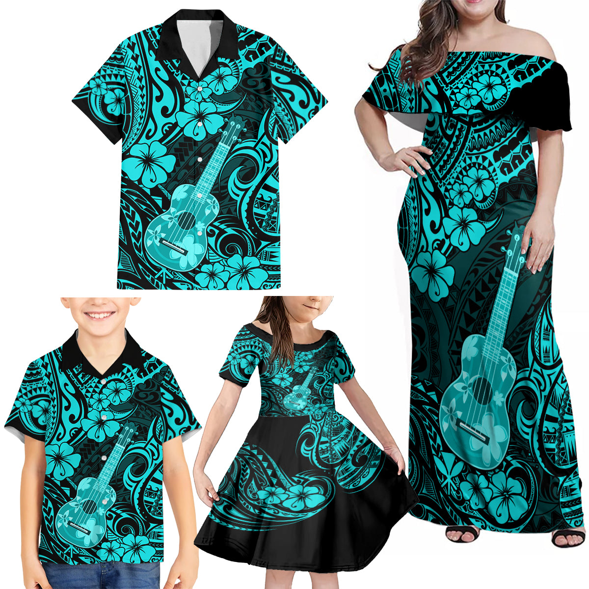 Hawaii Ukulele Family Matching Off Shoulder Maxi Dress and Hawaiian Shirt Polynesian Pattern Turquoise Version LT01 - Polynesian Pride