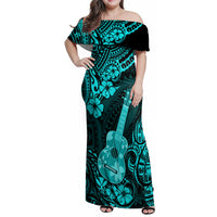 Hawaii Ukulele Family Matching Off Shoulder Maxi Dress and Hawaiian Shirt Polynesian Pattern Turquoise Version LT01 Mom's Dress Turquoise - Polynesian Pride