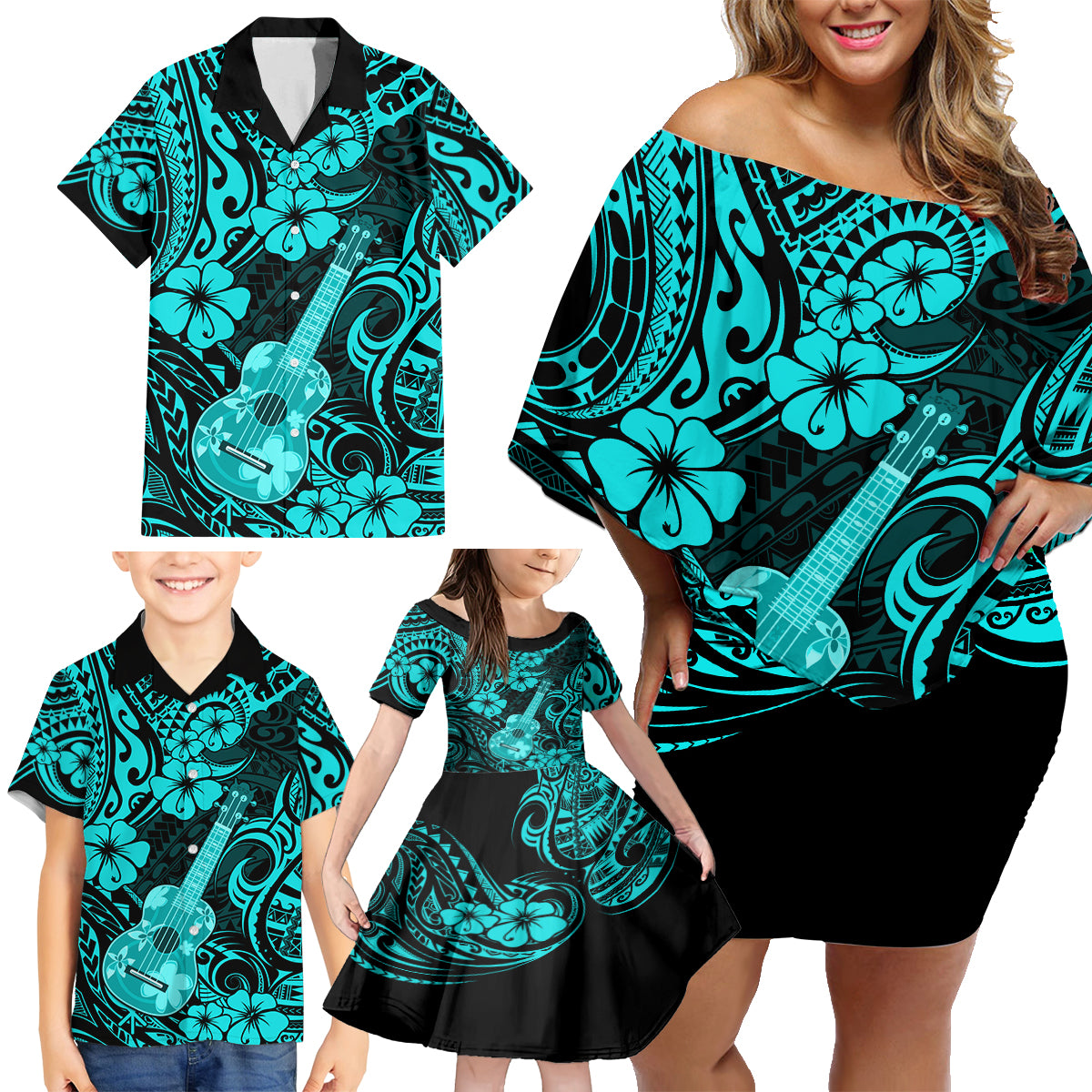 Hawaii Ukulele Family Matching Off Shoulder Short Dress and Hawaiian Shirt Polynesian Pattern Turquoise Version LT01 - Polynesian Pride