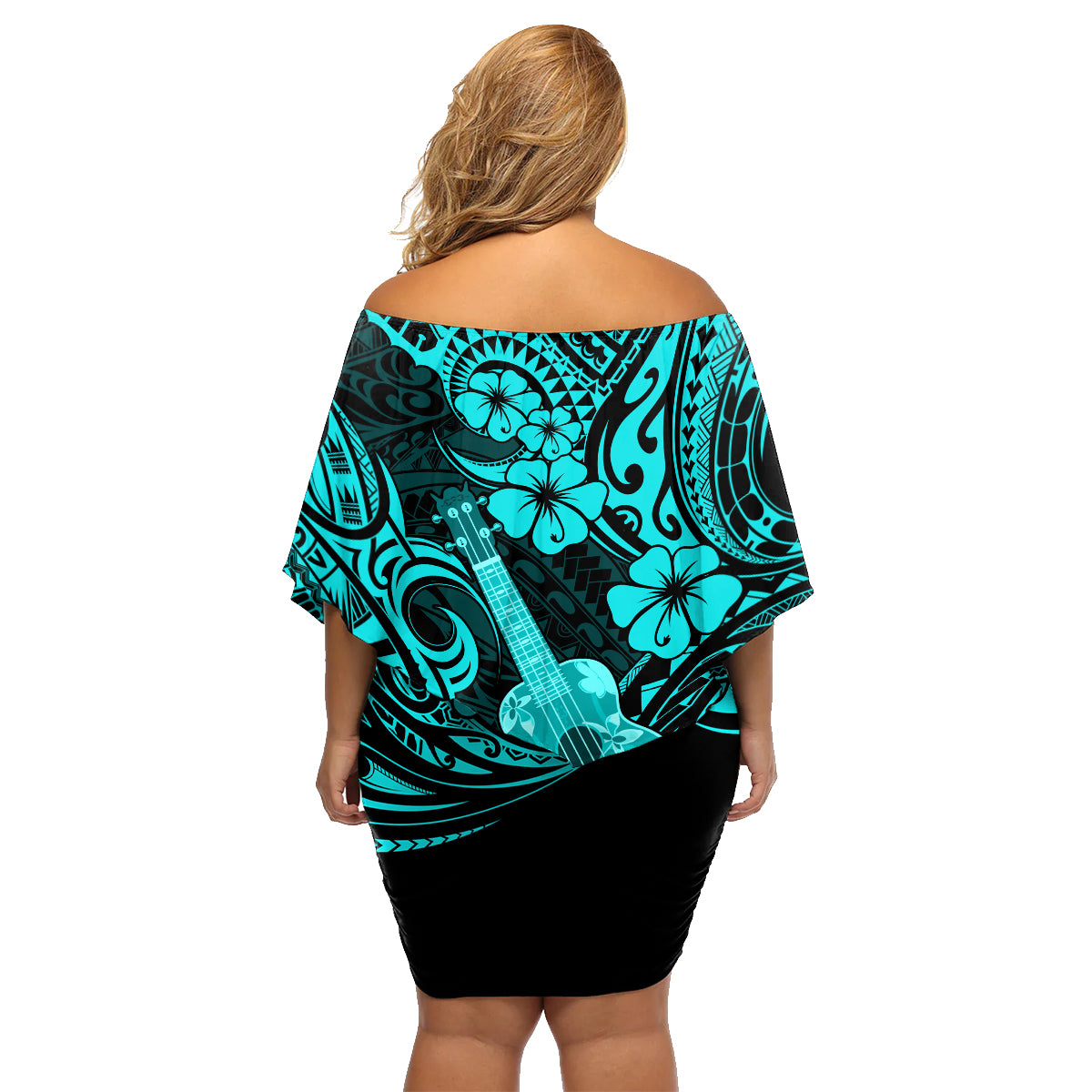 Hawaii Ukulele Family Matching Off Shoulder Short Dress and Hawaiian Shirt Polynesian Pattern Turquoise Version LT01 - Polynesian Pride