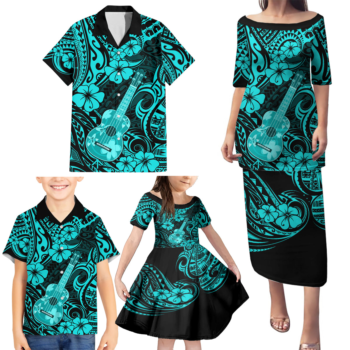 Hawaii Ukulele Family Matching Puletasi Dress and Hawaiian Shirt Polynesian Pattern Turquoise Version LT01 - Polynesian Pride