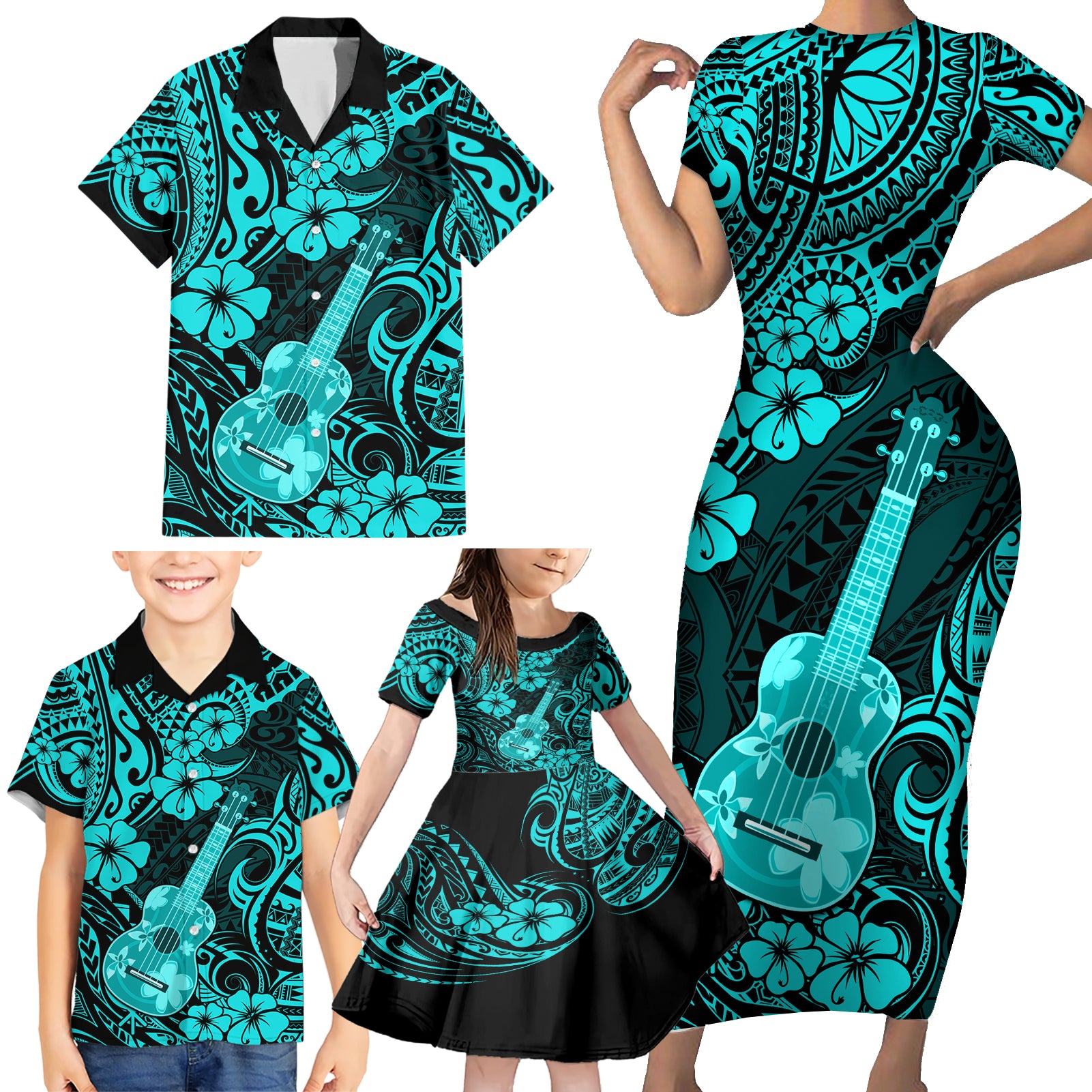 Hawaii Ukulele Family Matching Short Sleeve Bodycon Dress and Hawaiian Shirt Polynesian Pattern Turquoise Version LT01 - Polynesian Pride