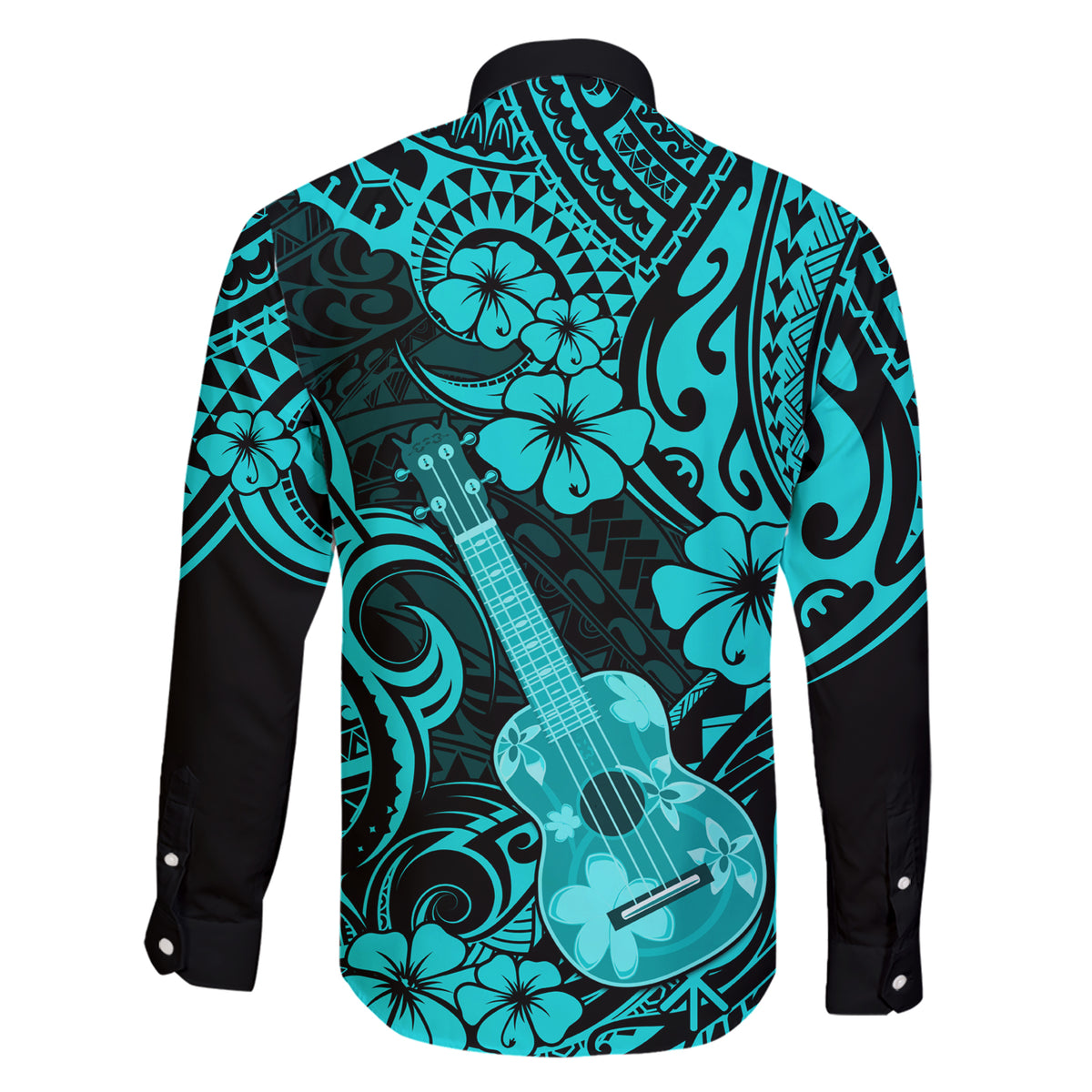 Hawaii Ukulele Family Matching Short Sleeve Bodycon Dress and Hawaiian Shirt Polynesian Pattern Turquoise Version LT01 - Polynesian Pride