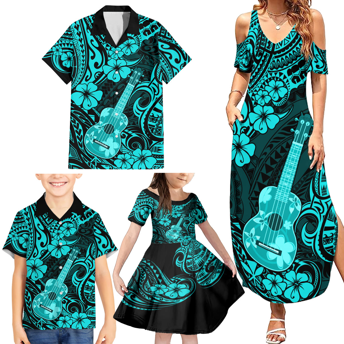 Hawaii Ukulele Family Matching Summer Maxi Dress and Hawaiian Shirt Polynesian Pattern Turquoise Version LT01 - Polynesian Pride