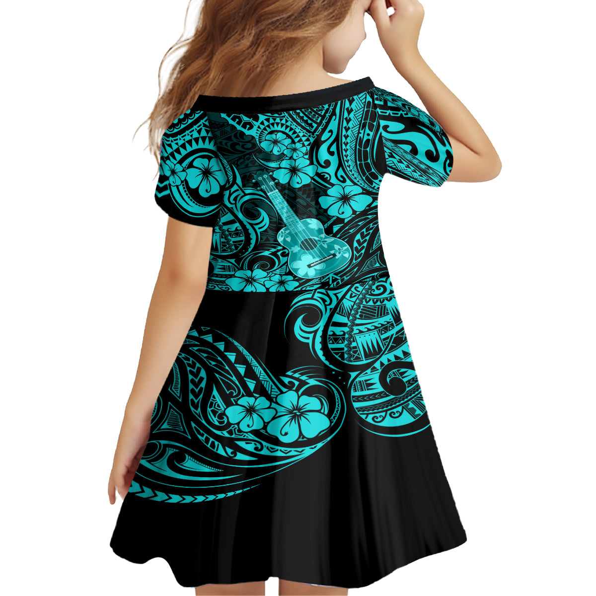 Hawaii Ukulele Kid Short Sleeve Dress Polynesian Pattern Turquoise Version LT01 - Polynesian Pride