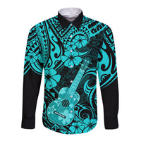 Hawaii Ukulele Long Sleeve Button Shirt Polynesian Pattern Turquoise Version LT01 Unisex Turquoise - Polynesian Pride
