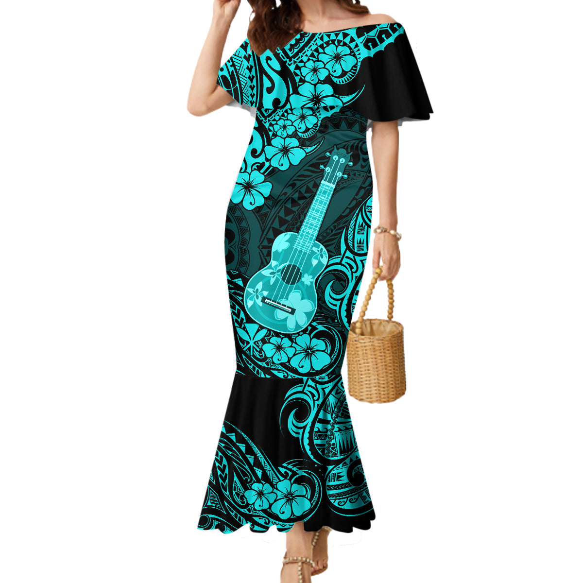 Hawaii Ukulele Mermaid Dress Polynesian Pattern Turquoise Version LT01 Women Turquoise - Polynesian Pride