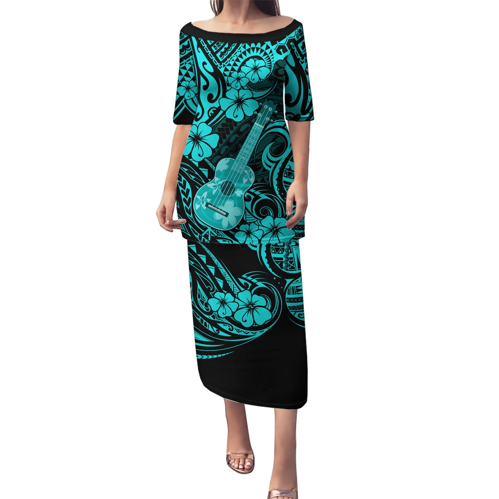 Hawaii Ukulele Puletasi Polynesian Pattern Turquoise Version LT01 Long Dress Turquoise - Polynesian Pride