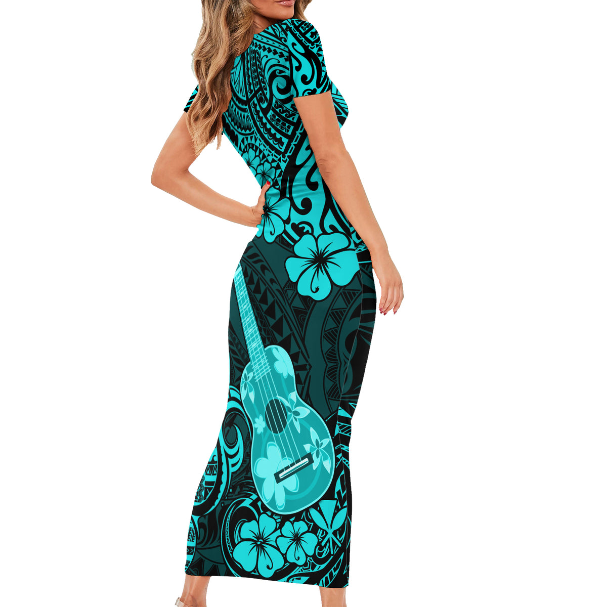 Hawaii Ukulele Short Sleeve Bodycon Dress Polynesian Pattern Turquoise Version LT01 - Polynesian Pride