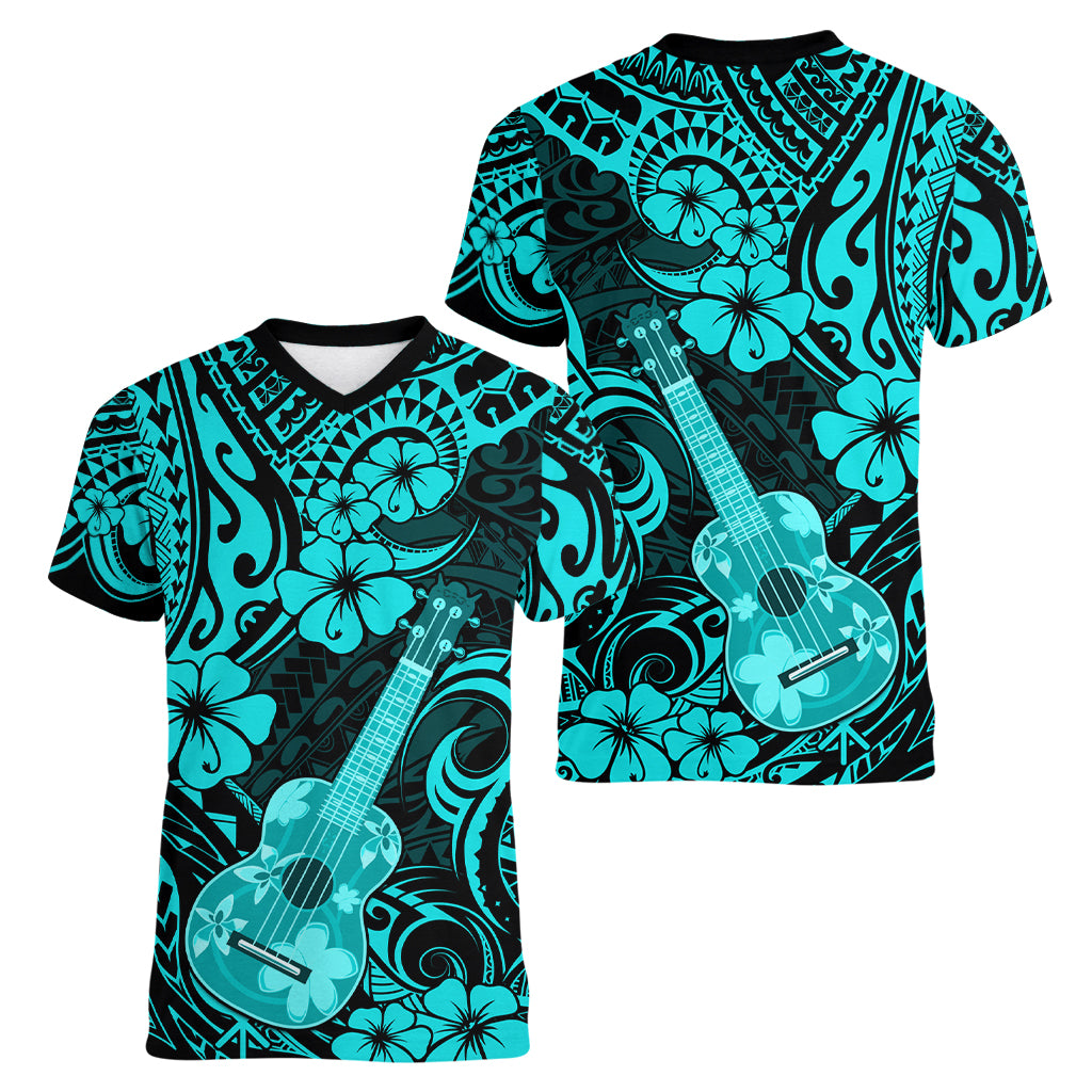 Hawaii Ukulele Women V Neck T Shirt Polynesian Pattern Turquoise Version LT01 - Polynesian Pride
