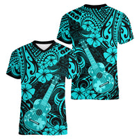 Hawaii Ukulele Women V Neck T Shirt Polynesian Pattern Turquoise Version LT01 - Polynesian Pride