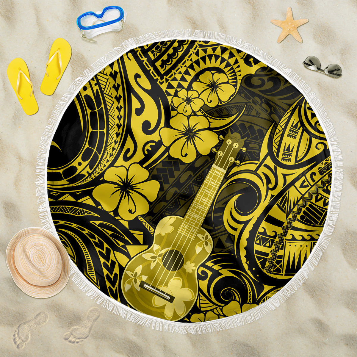 Hawaii Ukulele Beach Blanket Polynesian Pattern Yellow Version LT01 One Size 150cm Yellow - Wonder Print Shop