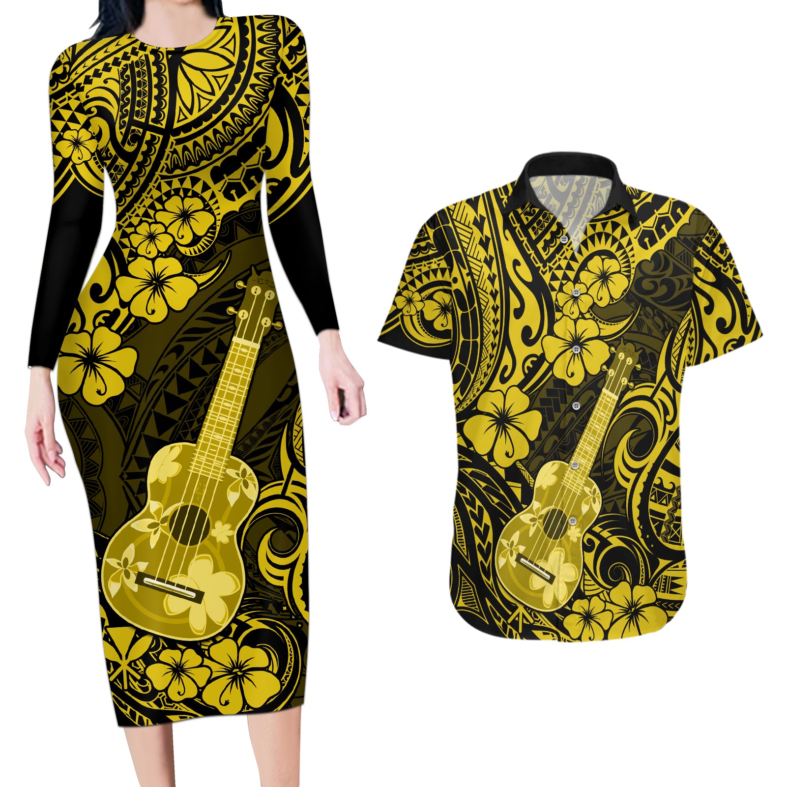 Hawaii Ukulele Couples Matching Long Sleeve Bodycon Dress and Hawaiian Shirt Polynesian Pattern Yellow Version LT01 Yellow - Polynesian Pride