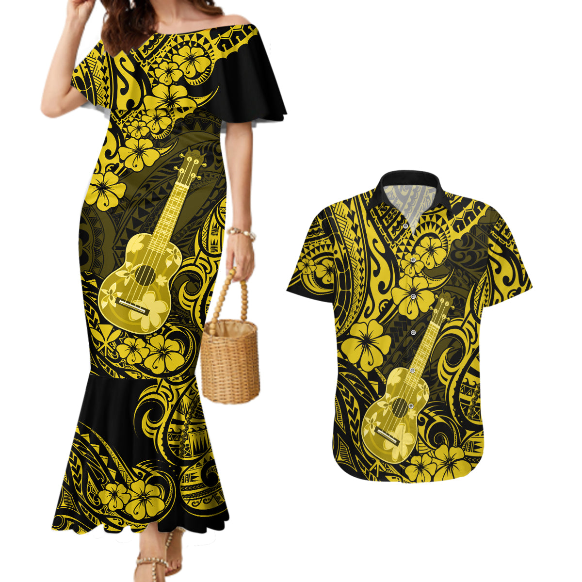 Hawaii Ukulele Couples Matching Mermaid Dress and Hawaiian Shirt Polynesian Pattern Yellow Version LT01 Yellow - Polynesian Pride