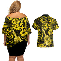 Hawaii Ukulele Couples Matching Off Shoulder Short Dress and Hawaiian Shirt Polynesian Pattern Yellow Version LT01 - Polynesian Pride