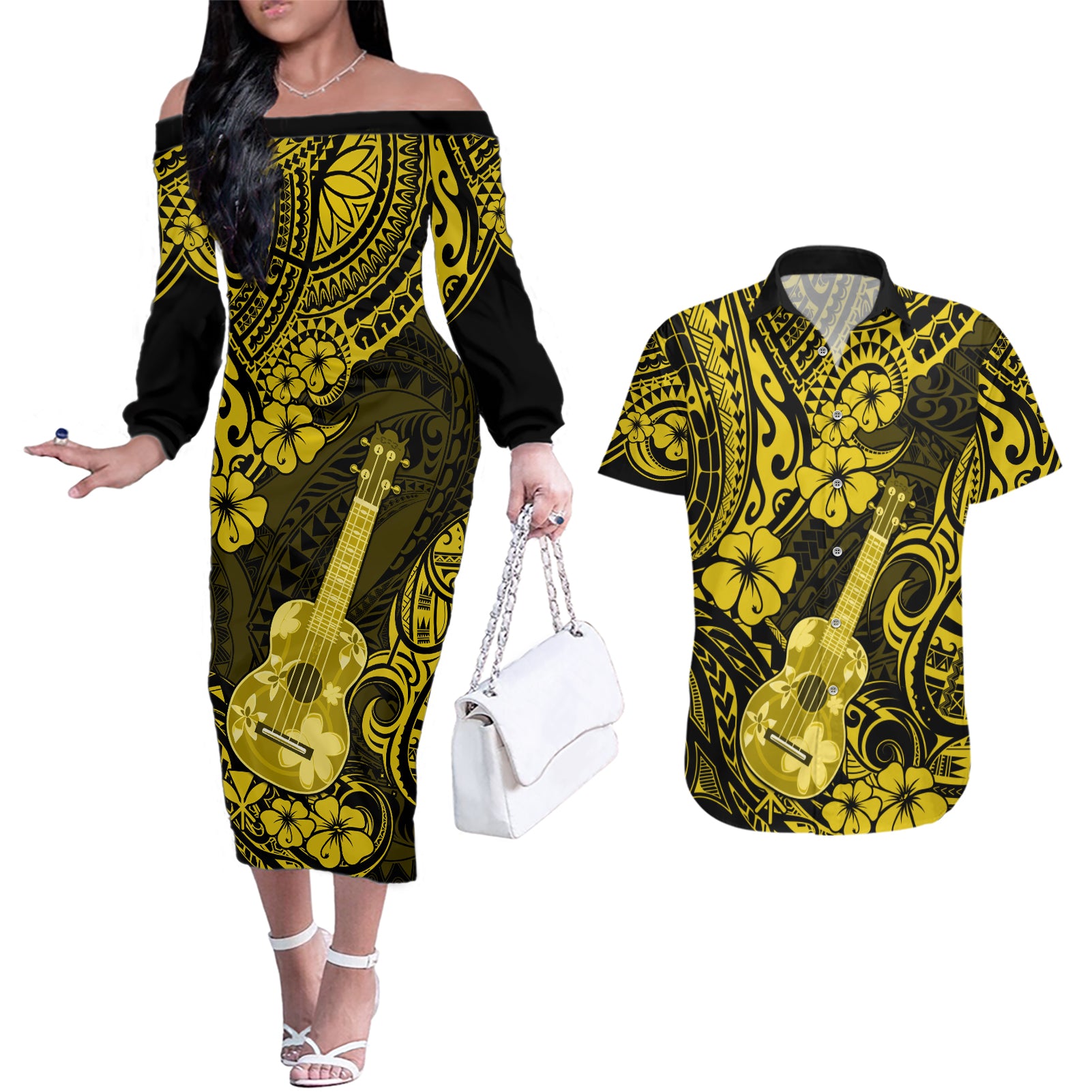 Hawaii Ukulele Couples Matching Off The Shoulder Long Sleeve Dress and Hawaiian Shirt Polynesian Pattern Yellow Version LT01 Yellow - Polynesian Pride