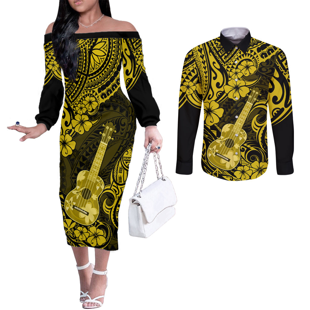 Hawaii Ukulele Couples Matching Off The Shoulder Long Sleeve Dress and Long Sleeve Button Shirts Polynesian Pattern Yellow Version LT01 Yellow - Polynesian Pride