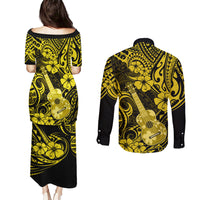 Hawaii Ukulele Couples Matching Puletasi Dress and Long Sleeve Button Shirts Polynesian Pattern Yellow Version LT01 - Polynesian Pride
