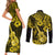 Hawaii Ukulele Couples Matching Short Sleeve Bodycon Dress and Long Sleeve Button Shirts Polynesian Pattern Yellow Version LT01 - Polynesian Pride