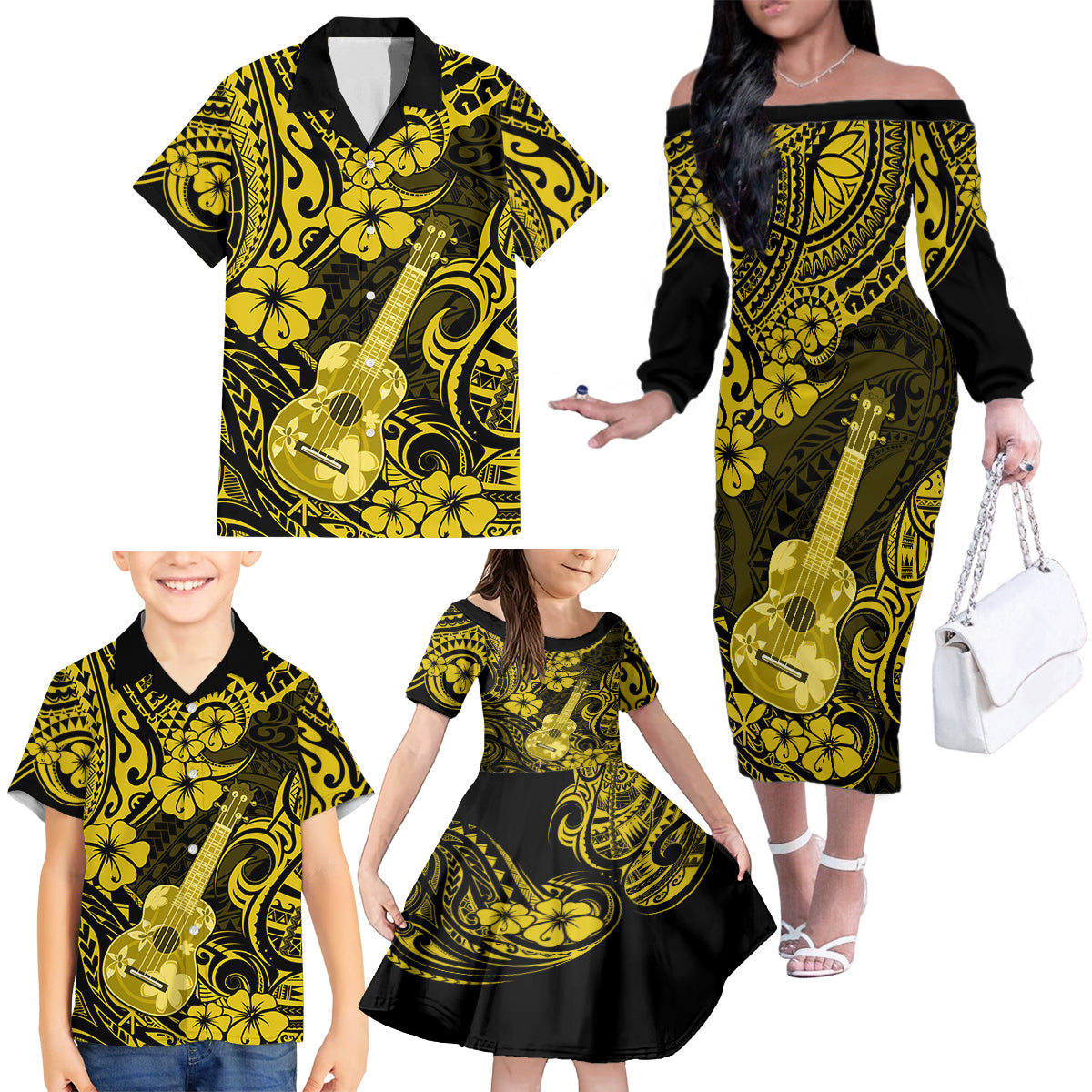 Hawaii Ukulele Family Matching Off Shoulder Long Sleeve Dress and Hawaiian Shirt Polynesian Pattern Yellow Version LT01 - Polynesian Pride