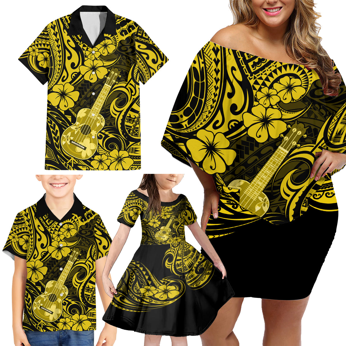 Hawaii Ukulele Family Matching Off Shoulder Short Dress and Hawaiian Shirt Polynesian Pattern Yellow Version LT01 - Polynesian Pride