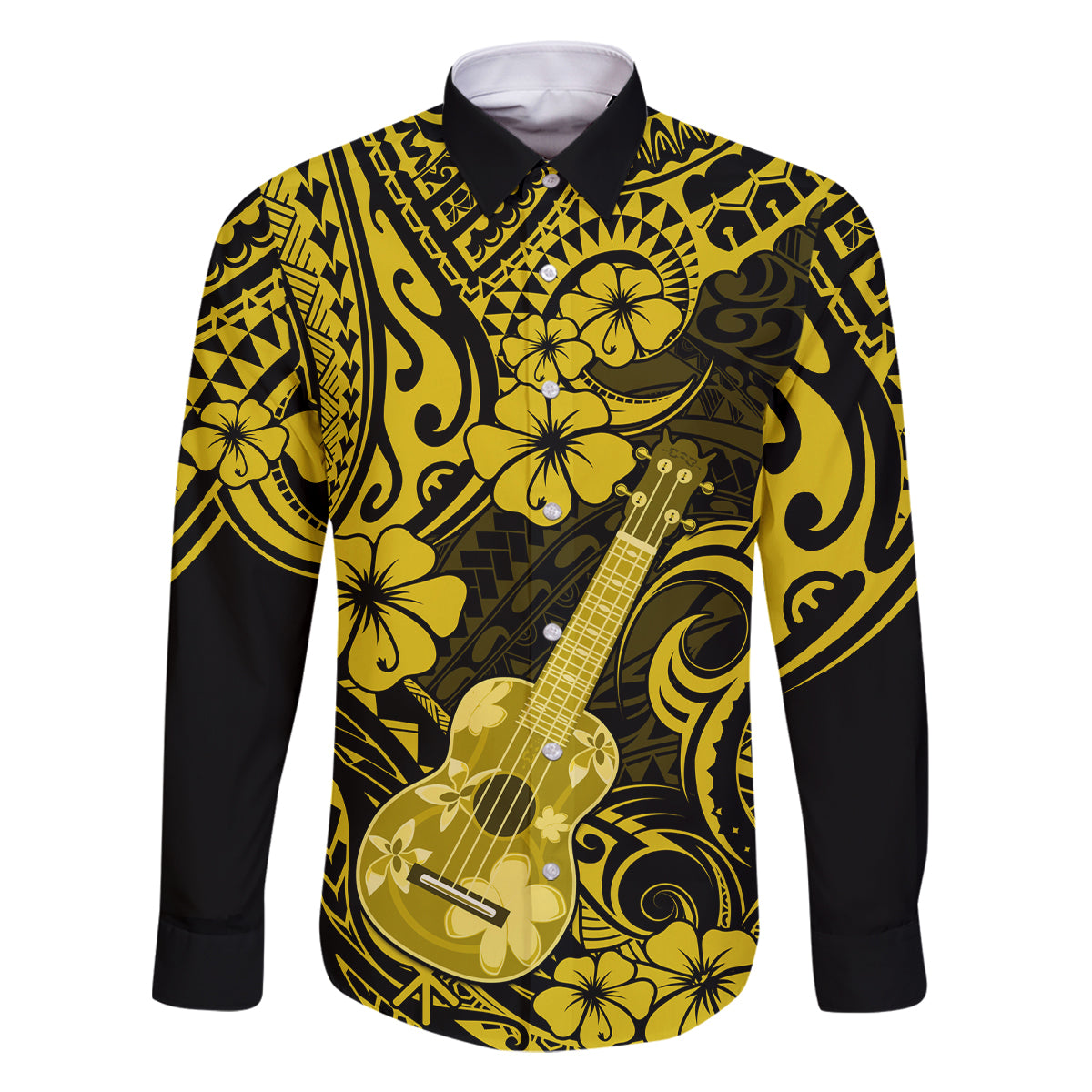 Hawaii Ukulele Family Matching Off Shoulder Short Dress and Hawaiian Shirt Polynesian Pattern Yellow Version LT01 Dad's Shirt - Long Sleeve Yellow - Polynesian Pride