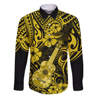 Hawaii Ukulele Family Matching Off Shoulder Short Dress and Hawaiian Shirt Polynesian Pattern Yellow Version LT01 Dad's Shirt - Long Sleeve Yellow - Polynesian Pride