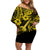 Hawaii Ukulele Family Matching Off Shoulder Short Dress and Hawaiian Shirt Polynesian Pattern Yellow Version LT01 Mom's Dress Yellow - Polynesian Pride