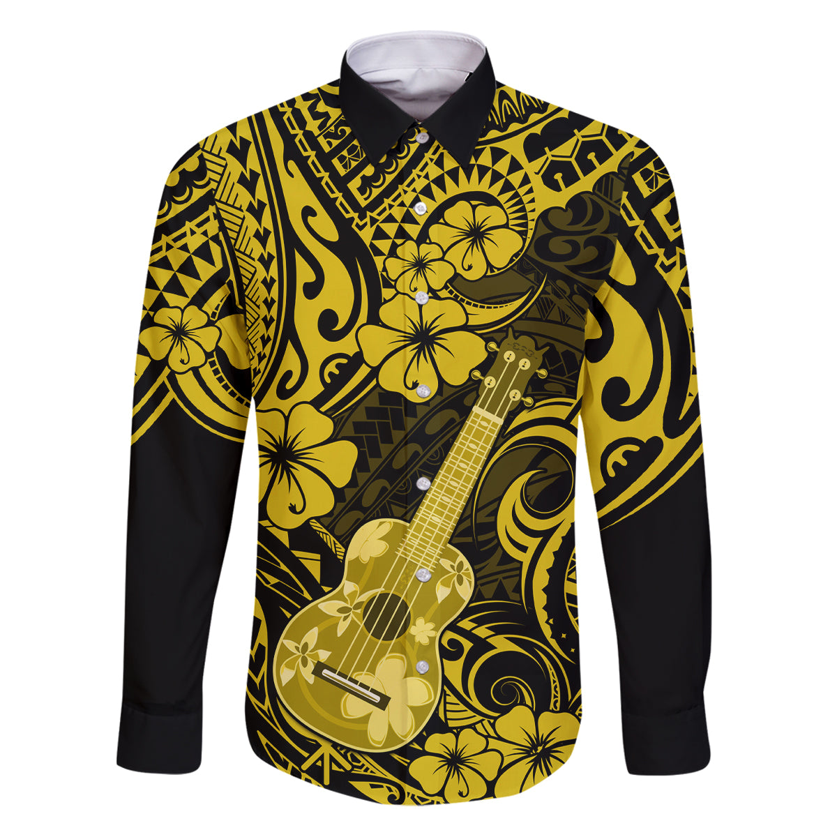 Hawaii Ukulele Family Matching Puletasi Dress and Hawaiian Shirt Polynesian Pattern Yellow Version LT01 Dad's Shirt - Long Sleeve Yellow - Polynesian Pride