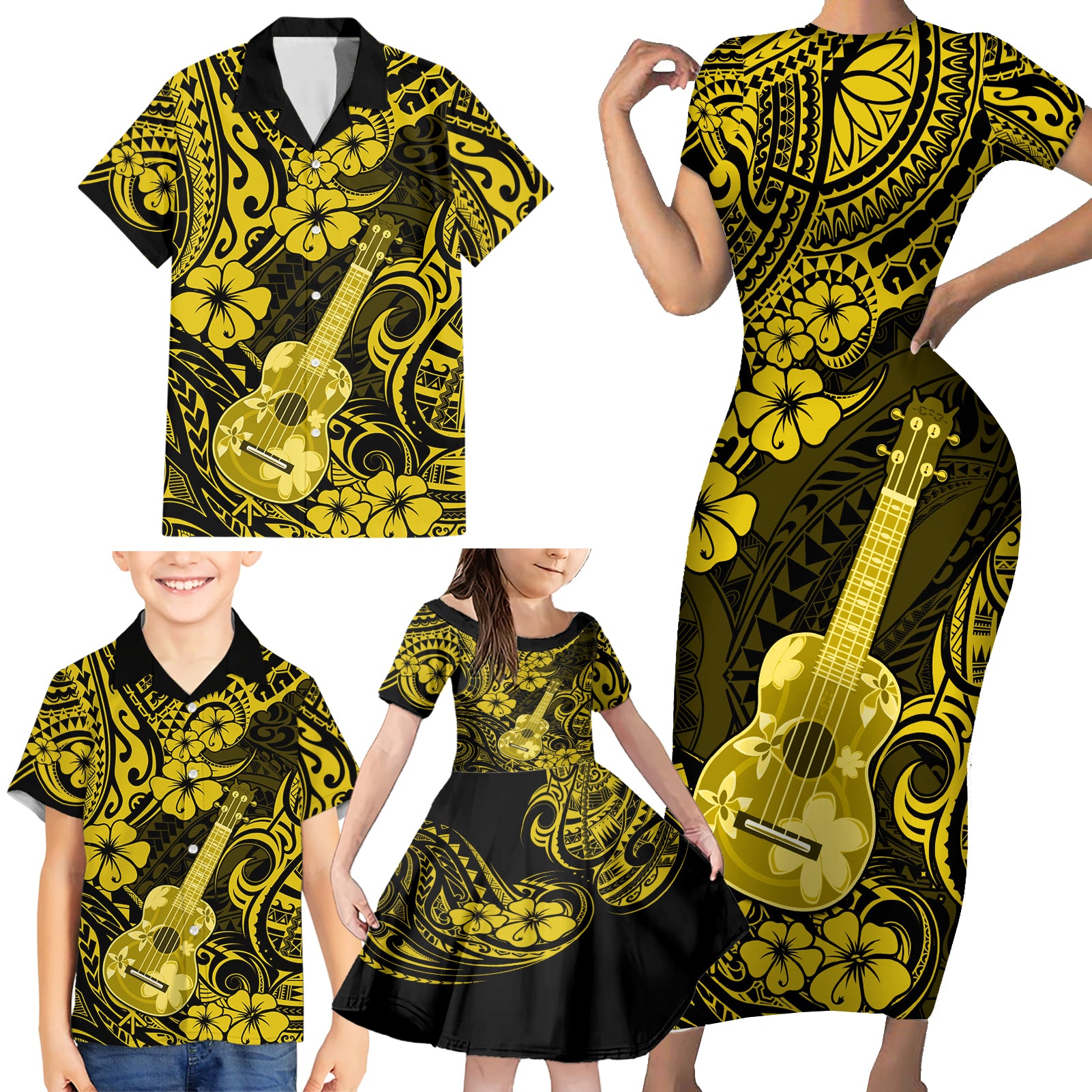 Hawaii Ukulele Family Matching Short Sleeve Bodycon Dress and Hawaiian Shirt Polynesian Pattern Yellow Version LT01 - Polynesian Pride