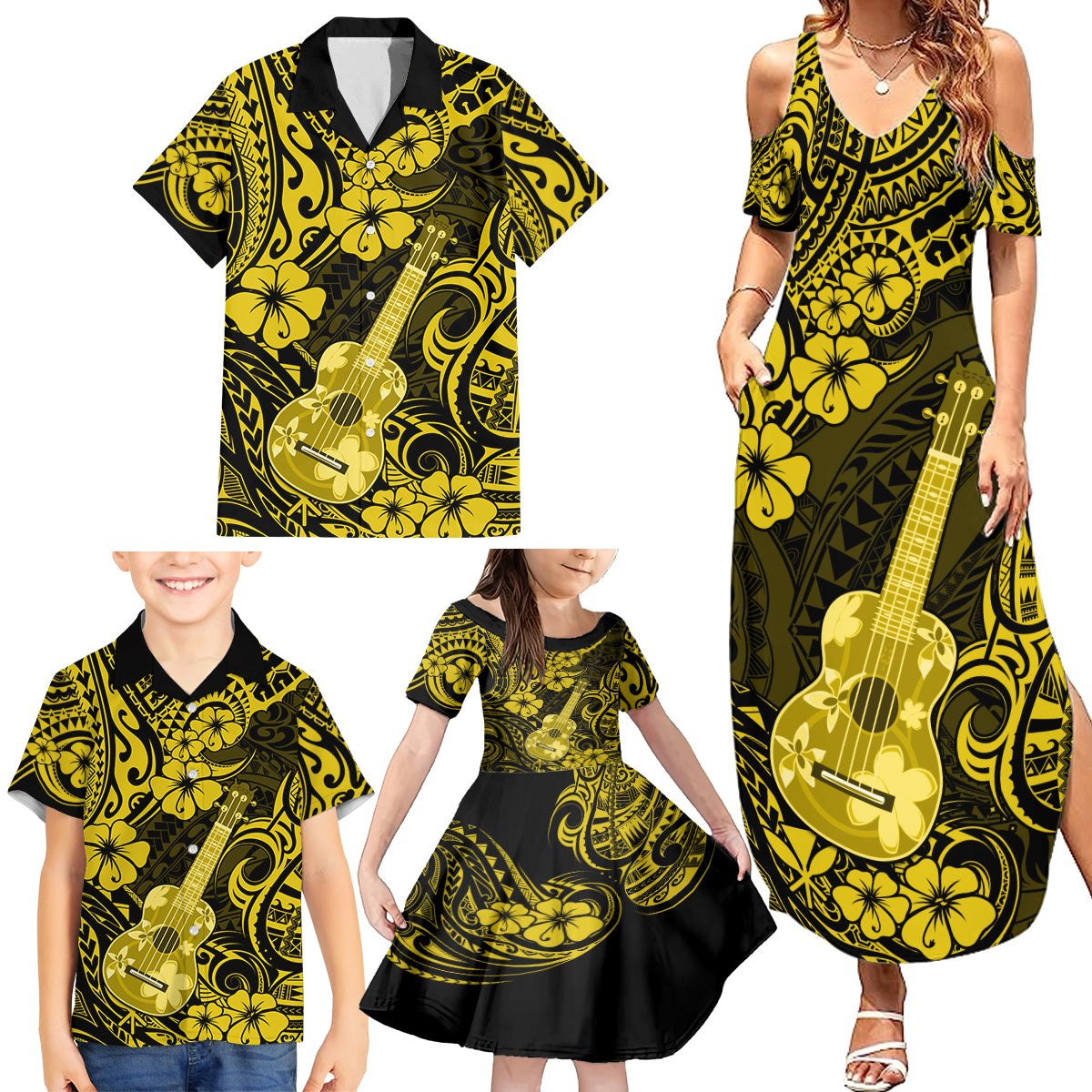 Hawaii Ukulele Family Matching Summer Maxi Dress and Hawaiian Shirt Polynesian Pattern Yellow Version LT01 - Polynesian Pride