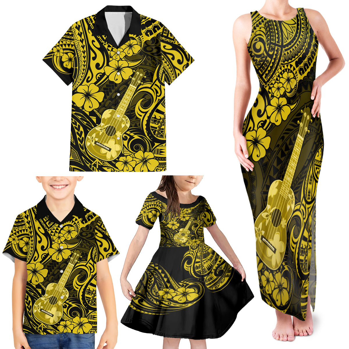 Hawaii Ukulele Family Matching Tank Maxi Dress and Hawaiian Shirt Polynesian Pattern Yellow Version LT01 - Polynesian Pride