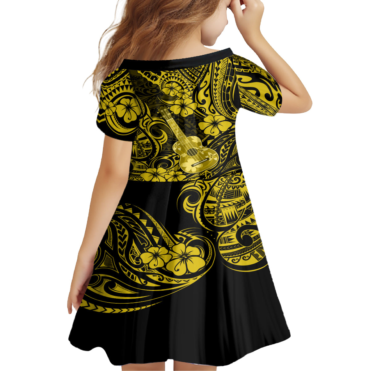 Hawaii Ukulele Kid Short Sleeve Dress Polynesian Pattern Yellow Version LT01 - Polynesian Pride
