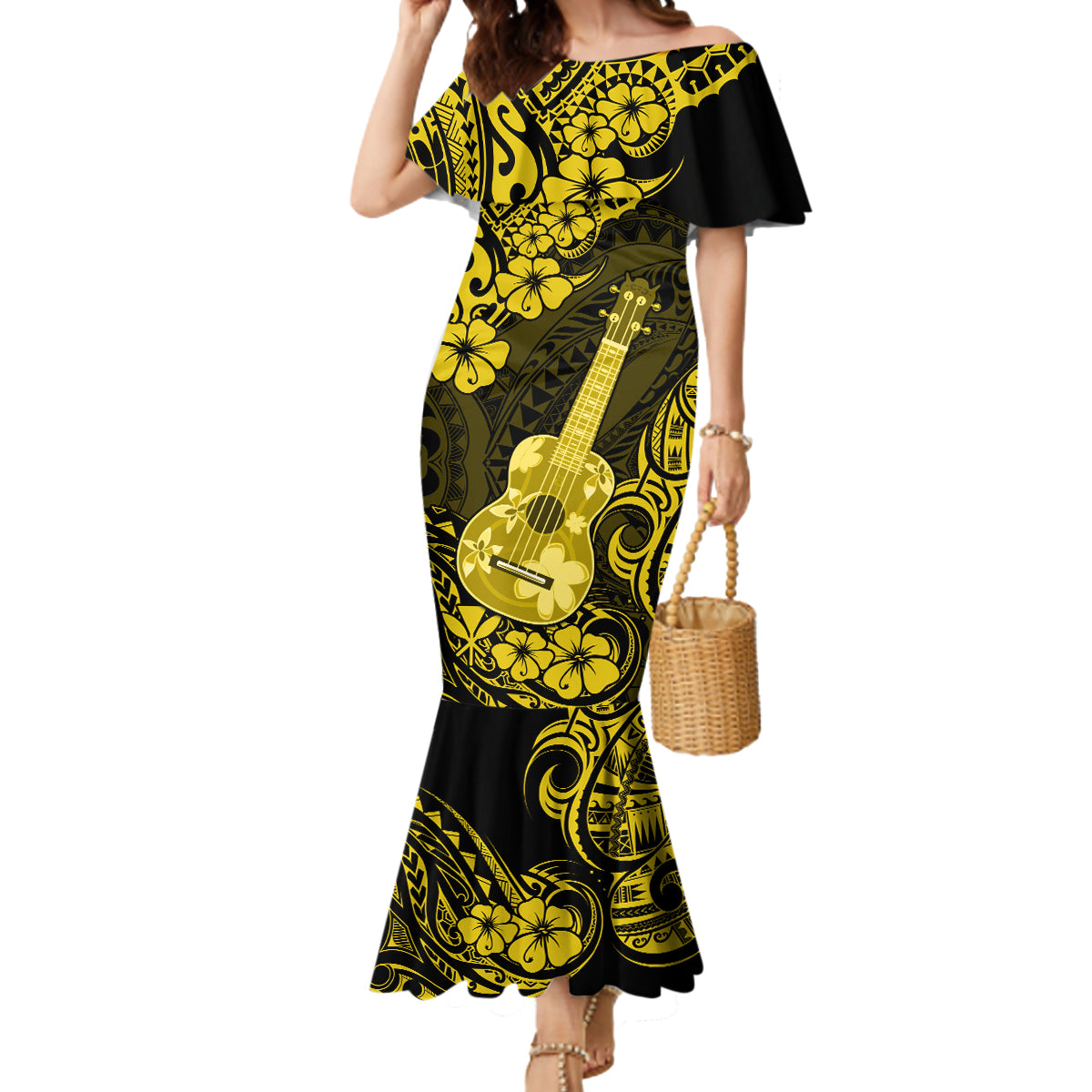 Hawaii Ukulele Mermaid Dress Polynesian Pattern Yellow Version LT01 Women Yellow - Polynesian Pride