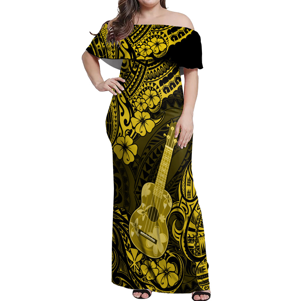 Hawaii Ukulele Off Shoulder Maxi Dress Polynesian Pattern Yellow Version LT01 Women Yellow - Polynesian Pride