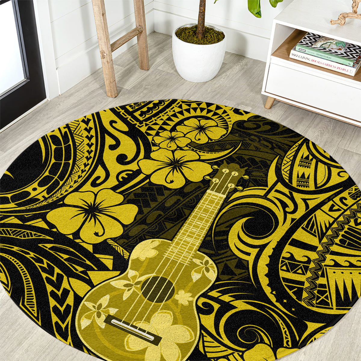 Hawaii Ukulele Round Carpet Polynesian Pattern Yellow Version LT01 Yellow - Polynesian Pride