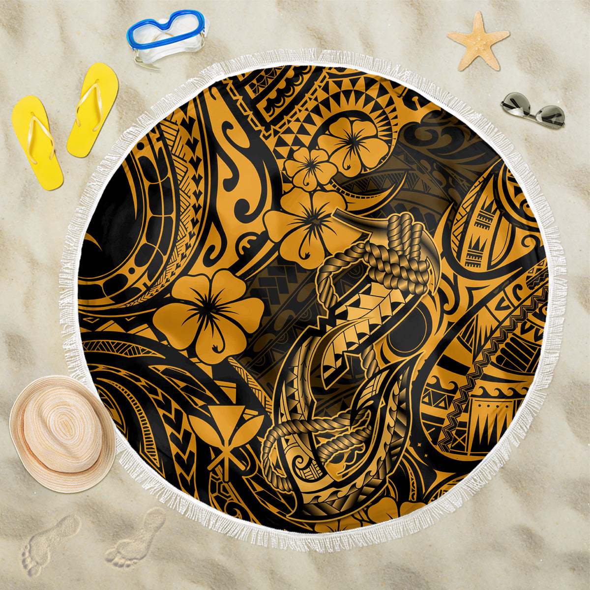 Hawaii Fish Hook Beach Blanket Polynesian Pattern Gold Version LT01 One Size 150cm Gold - Wonder Print Shop