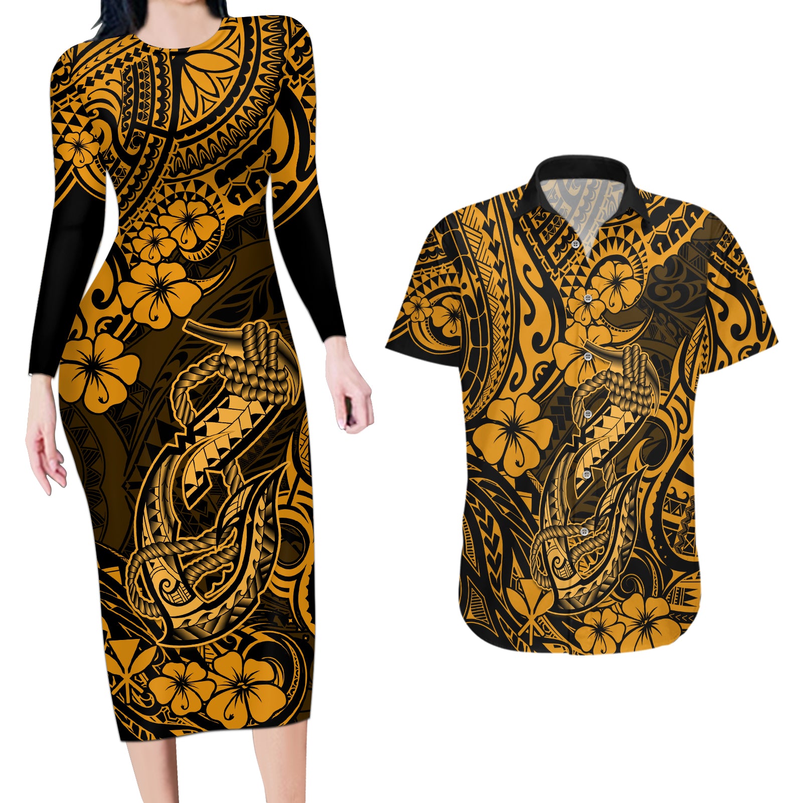 Hawaii Fish Hook Couples Matching Long Sleeve Bodycon Dress and Hawaiian Shirt Polynesian Pattern Gold Version LT01 Gold - Polynesian Pride