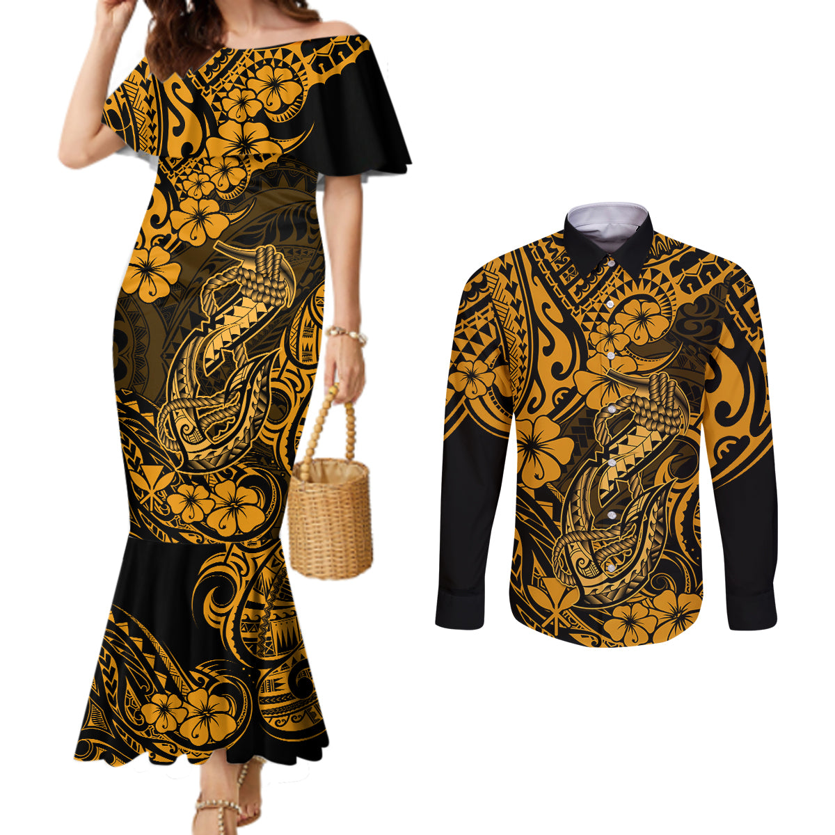 Hawaii Fish Hook Couples Matching Mermaid Dress and Long Sleeve Button Shirts Polynesian Pattern Gold Version LT01 Gold - Polynesian Pride